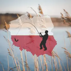 Sylwetka wędkarza łowiącego rybę na tle mapy Polski z flagą.