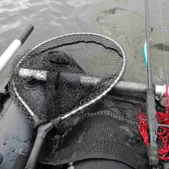 Łowienie na muchę z belly boat. Bezpieczne rzucanie sznurem z wody wymaga wprawy. Widoczny podbierak, wędka i kołowrotek.