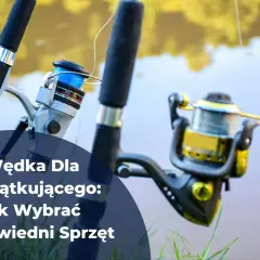 Dwie wędki z kołowrotkami na tle wody i zieleni.
