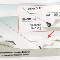 Łowienie na boczny trok: długość przyponu 10-30 cm, żyłka 0,18, ciężarek 6-12 g. Wzbijanie mułu wabi okonie.