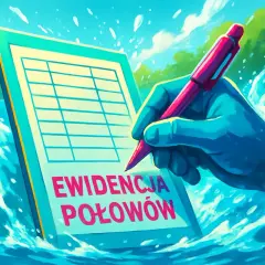 Ręka z piórem wpisuje dane do "Ewidencji połowów" na tle wodnych fal. Weryfikacja autentyczności karty wędkarskiej podczas kontroli nad wodą.