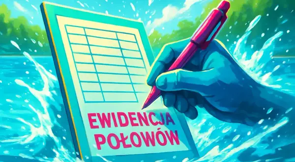 Ręka z piórem wpisuje dane do "Ewidencji połowów" na tle wodnych fal. Weryfikacja autentyczności karty wędkarskiej podczas kontroli nad wodą.