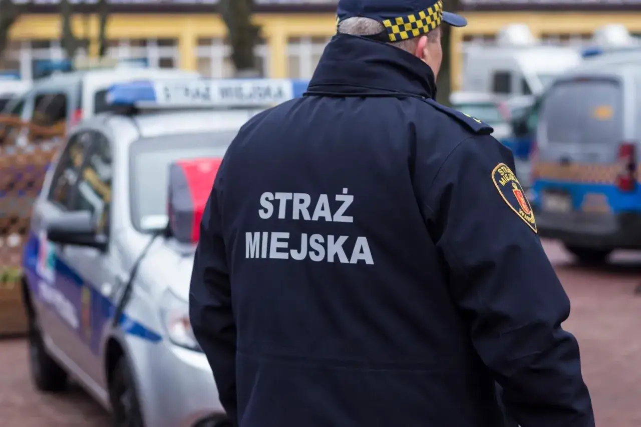 Strażnik miejski w mundurze. Czy straż miejska może wystawić mandat za łowienie bez karty? Znak na mundurze i radiowóz sugerują, że tak.