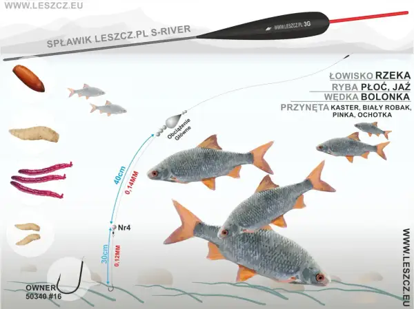 Jaki spławik wybrać do metody bolońskiej na dużej rzece? Ilustracja pokazuje zestaw: spławik, żyłkę 0,14mm, haczyk nr 4 z przynętą.
