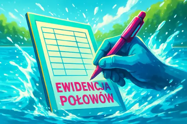 Ręka z piórem wpisuje dane do "Ewidencji połowów" na tle wodnych fal. Weryfikacja autentyczności karty wędkarskiej podczas kontroli nad wodą.